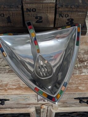 Triangular Silver Tone Metal Bowl w Matching Spoon Dyed Bone Inlay Centerpiece